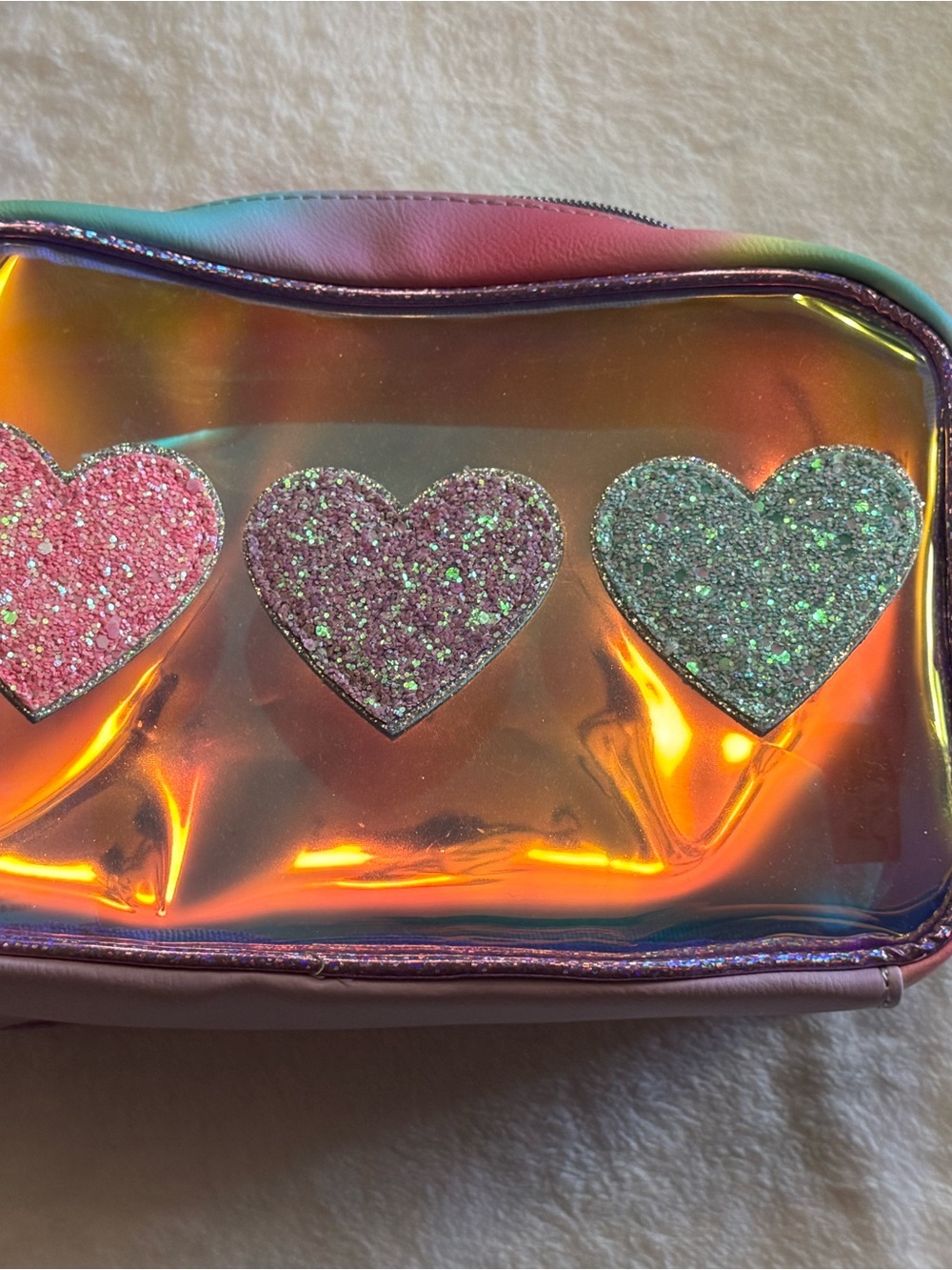 Iridescent Heart Cosmetic Pouch - Pink Multi